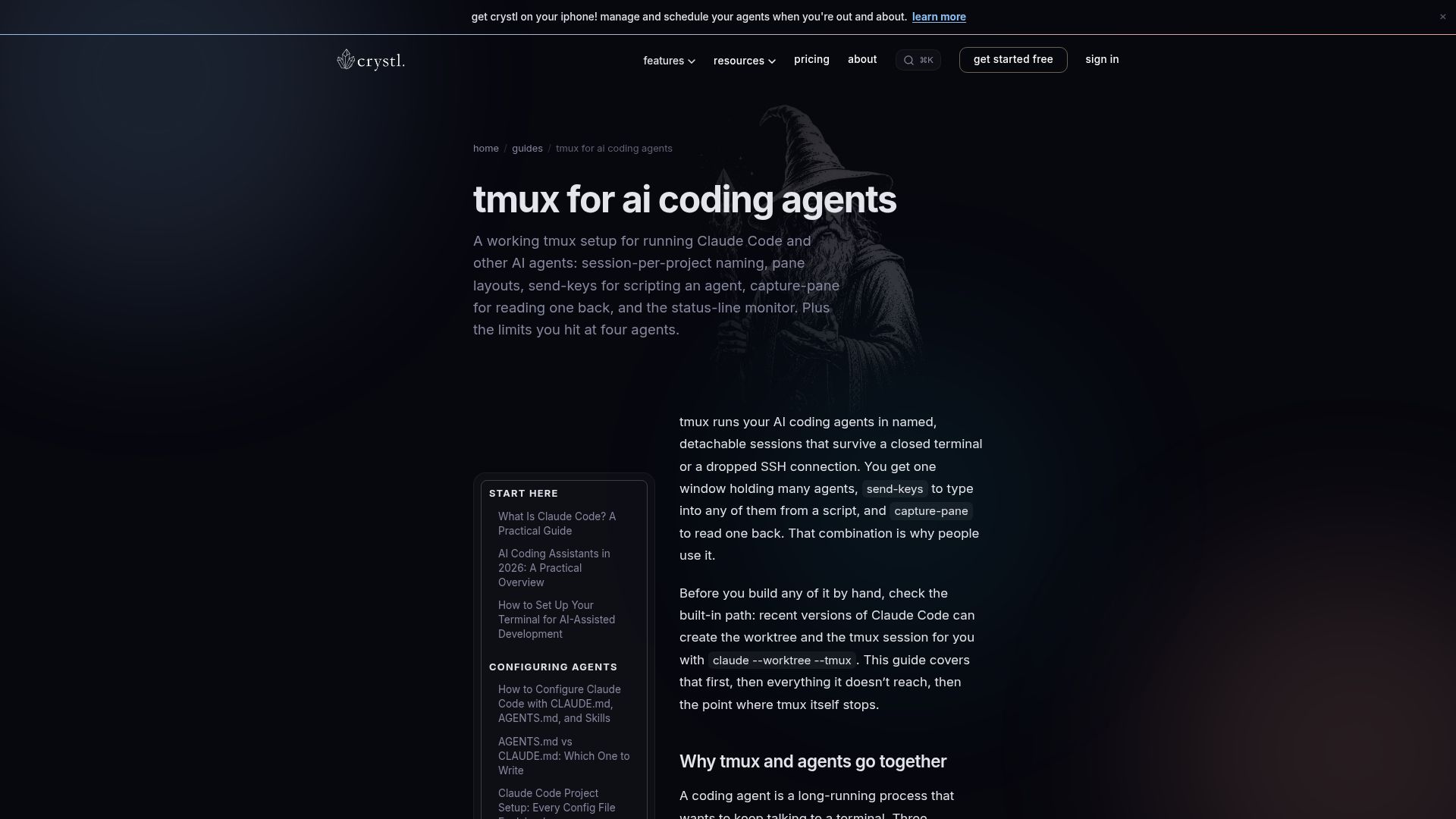 Screenshot of crystl.dev: Tmux and Claude Code: Sessions, Send-Keys, and the Ceiling