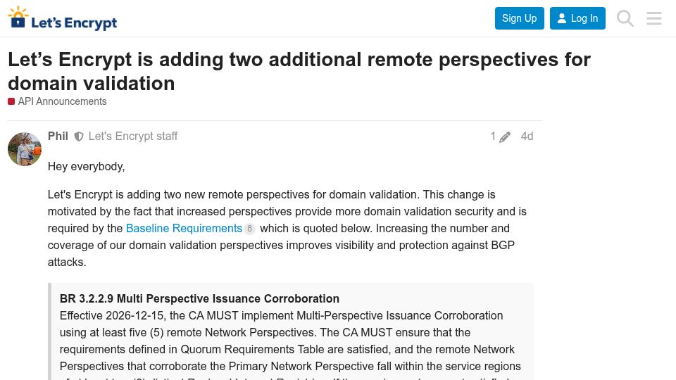 Screenshot of community.letsencrypt.org: Let's Encrypt is adding two additional remote perspectives for domain validation