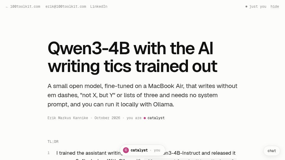 Screenshot of 100toolkit.com: Show HN: Qwen3-4B with the AI writing tics trained out