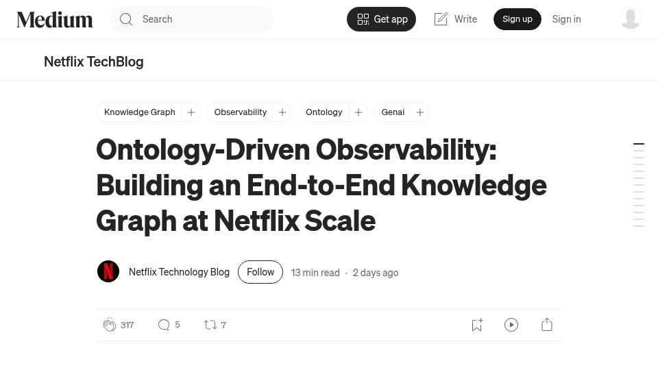 Screenshot of netflixtechblog.com: Ontology-Driven Observability: Building an End-to-End Knowledge Graph at Netflix