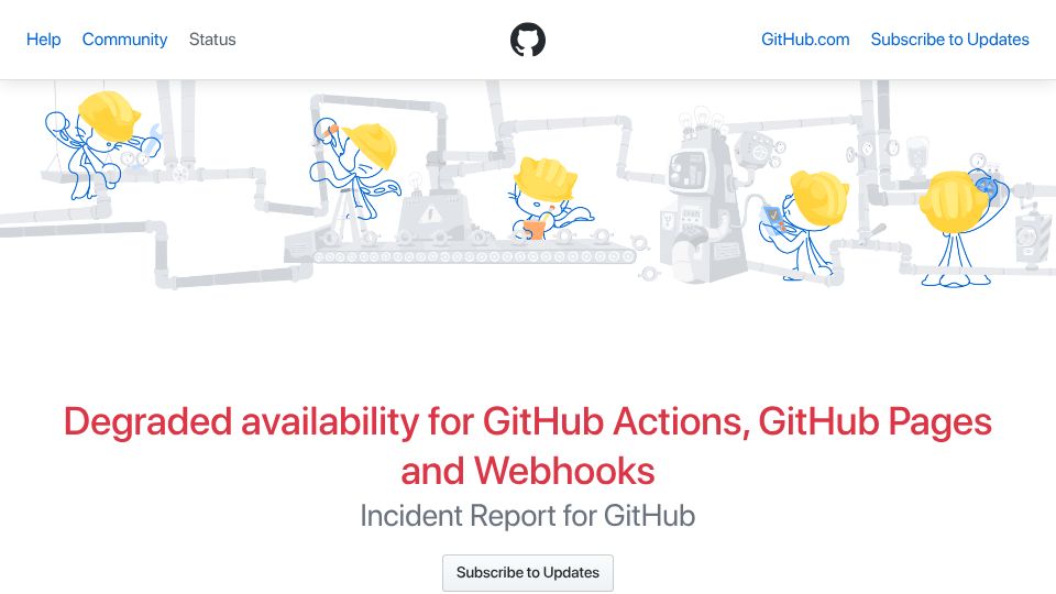 Screenshot of githubstatus.com: Degraded availability for GitHub Actions, GitHub Pages and Webhooks
