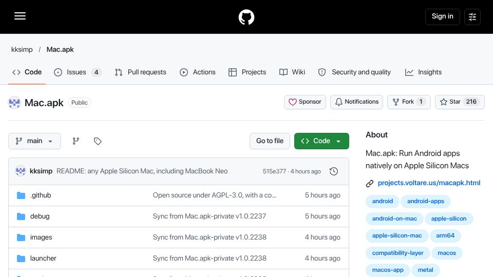 Screenshot of github.com: Android apps running native on macOS