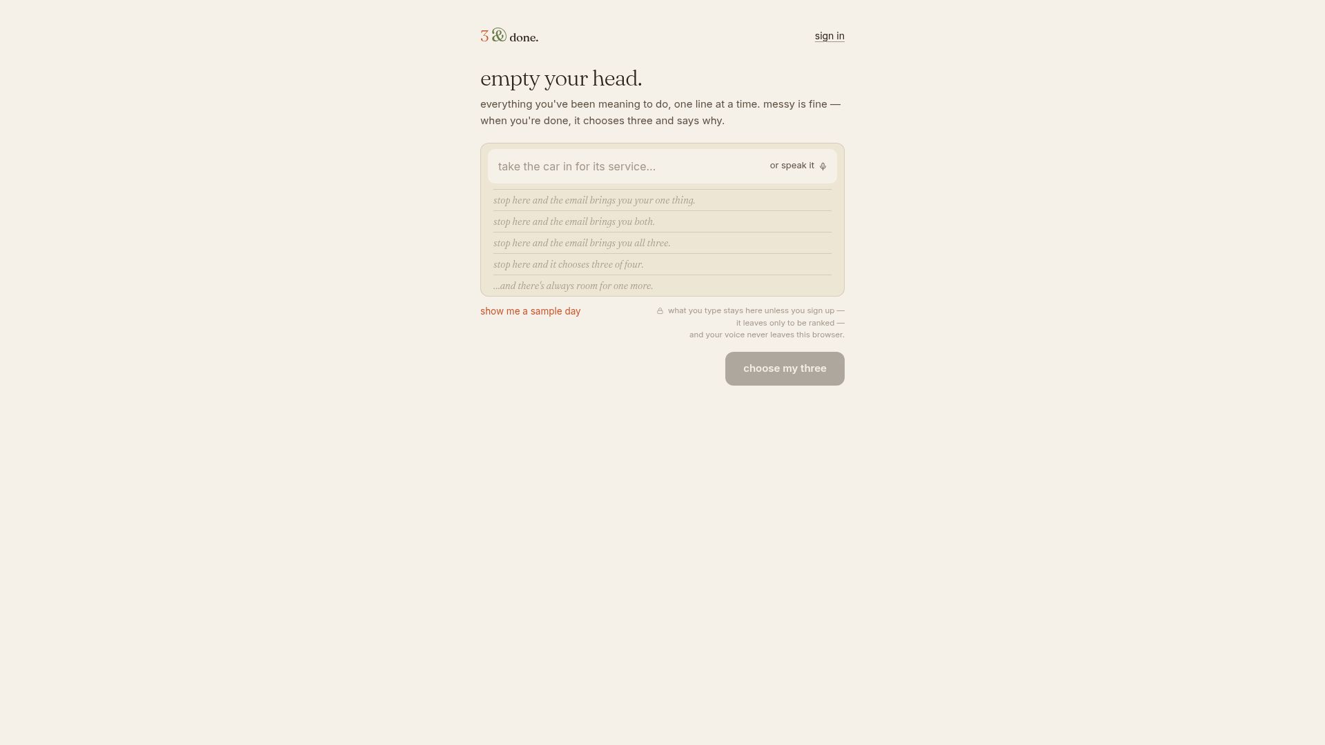 Screenshot of 3anddoneapp.com: Show HN: I built a task system to handle the drudgery so I could focus on tasks