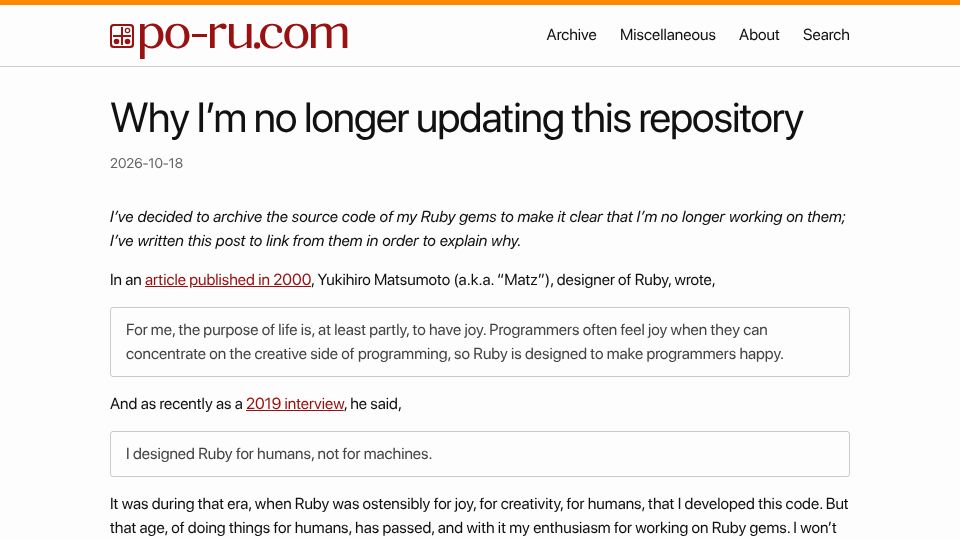 Screenshot of po-ru.com: I no longer care to work on any Ruby gems so I've archived all my repositories