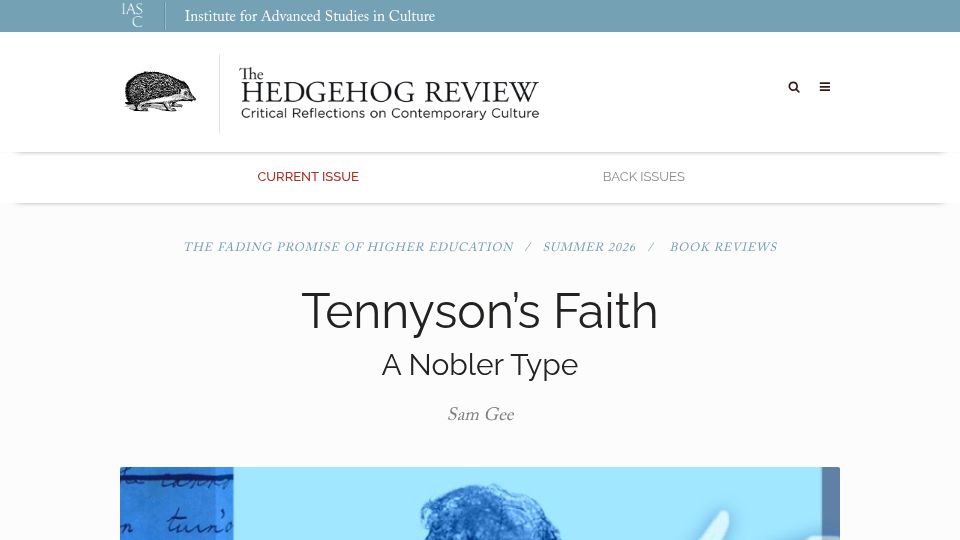 Screenshot of hedgehogreview.com: Tennyson's Faith: A Nobler Type
