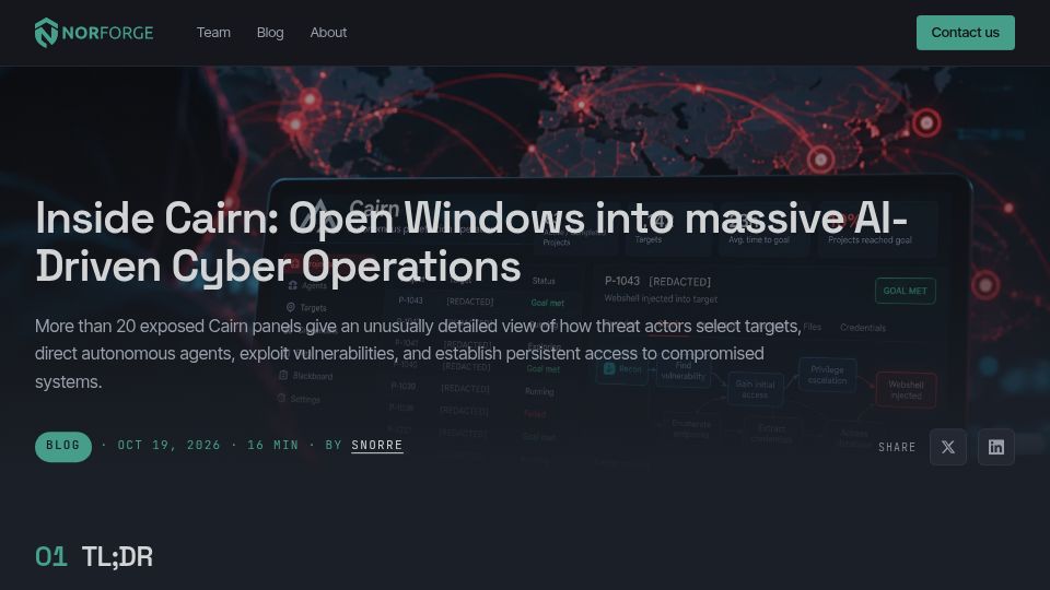 Screenshot of norforge.com: Cairn: Open windows into AI-driven cyber operations