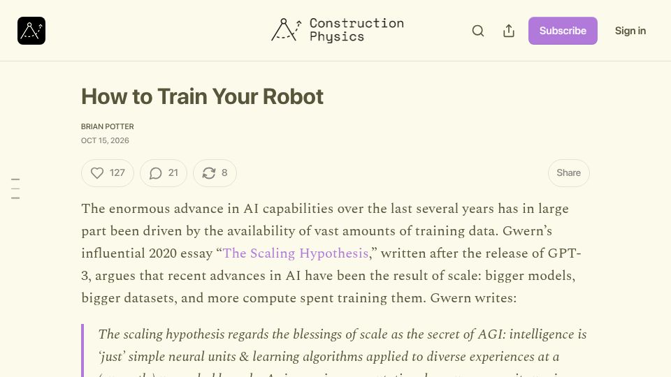 Screenshot of construction-physics.com: How to Train Your Robot