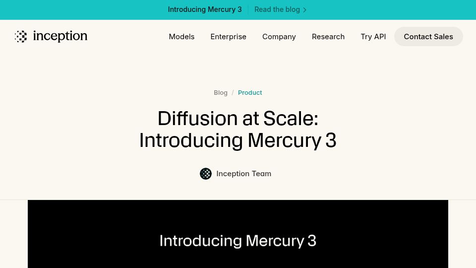 Screenshot of inceptionlabs.ai: Mercury 3: Diffusion at scale