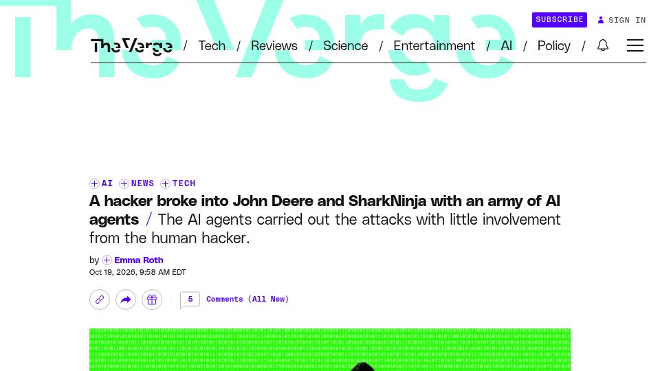 Screenshot of theverge.com: A hacker broke into John Deere and SharkNinja with an army of AI agents