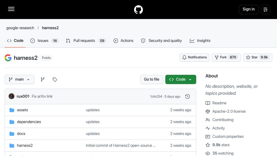 Screenshot of github.com: Harness2 by Google Research – Recursive Agent Harnessing