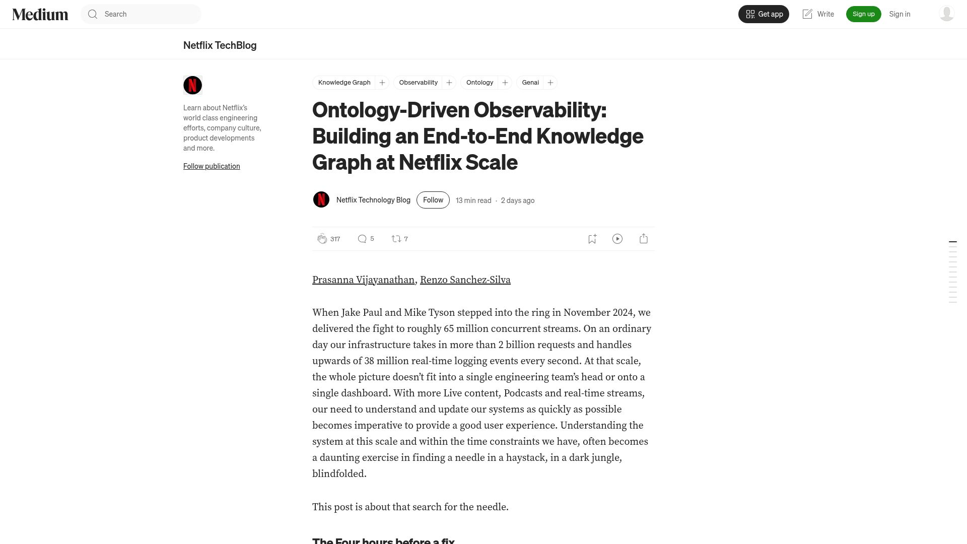 Screenshot of netflixtechblog.com: Ontology-Driven Observability: Building an End-to-End Knowledge Graph at Netflix