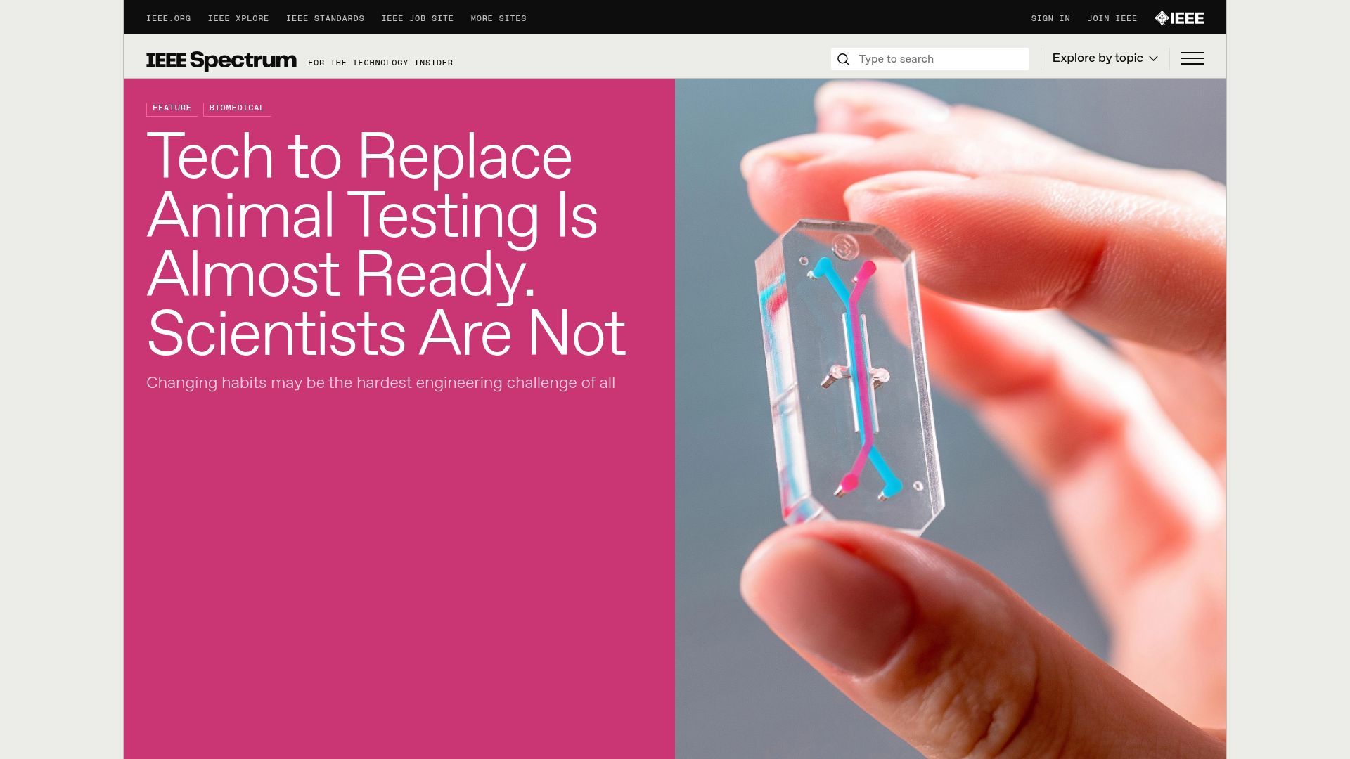 Screenshot of spectrum.ieee.org: Alternatives to animal testing are finally taking off