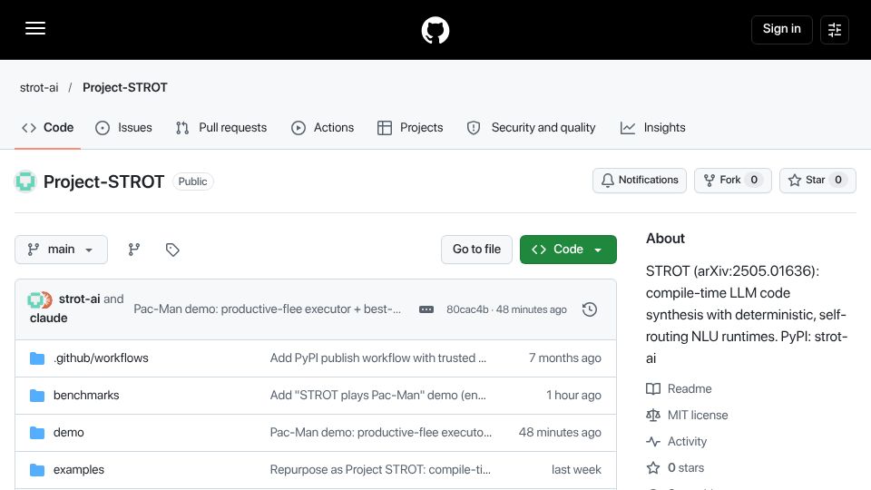 Screenshot of github.com: Show HN: Strot – Compile an LLM's intent once, run decisions locally forever