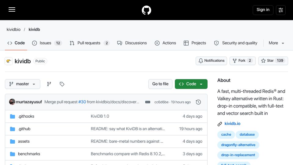 Screenshot of github.com: Show HN: KiviDB, a faster Redis-compatible memory database and vector cache