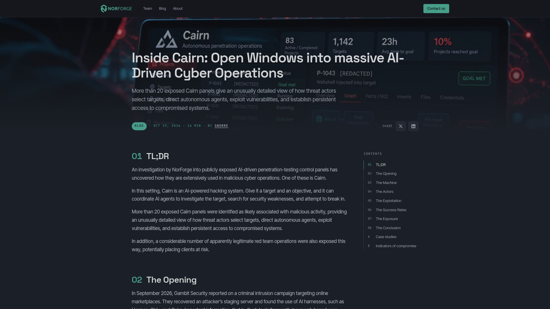 Screenshot of norforge.com: Cairn: Open windows into AI-driven cyber operations