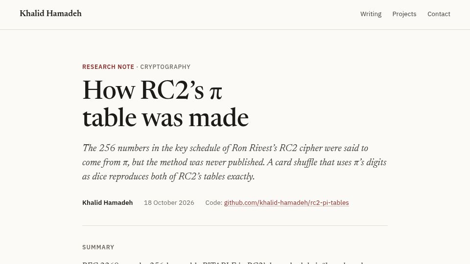 Screenshot of khalidhamadeh.com: How RC2's π table was made