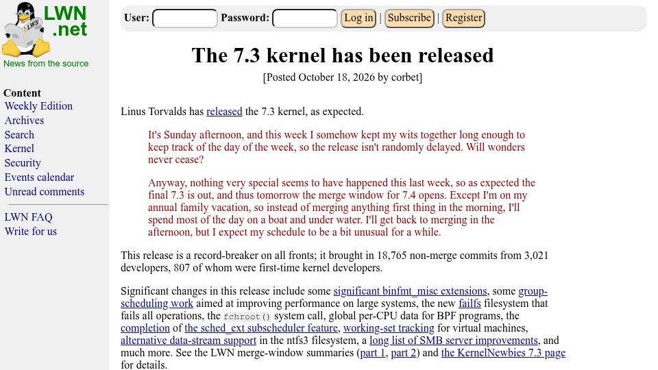 Screenshot of lwn.net: Linux 7.3