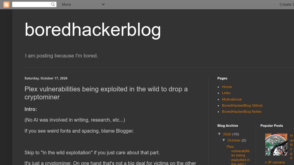 Screenshot of boredhackerblog.info: Plex vulnerabilities being exploited in the wild to drop a cryptominer