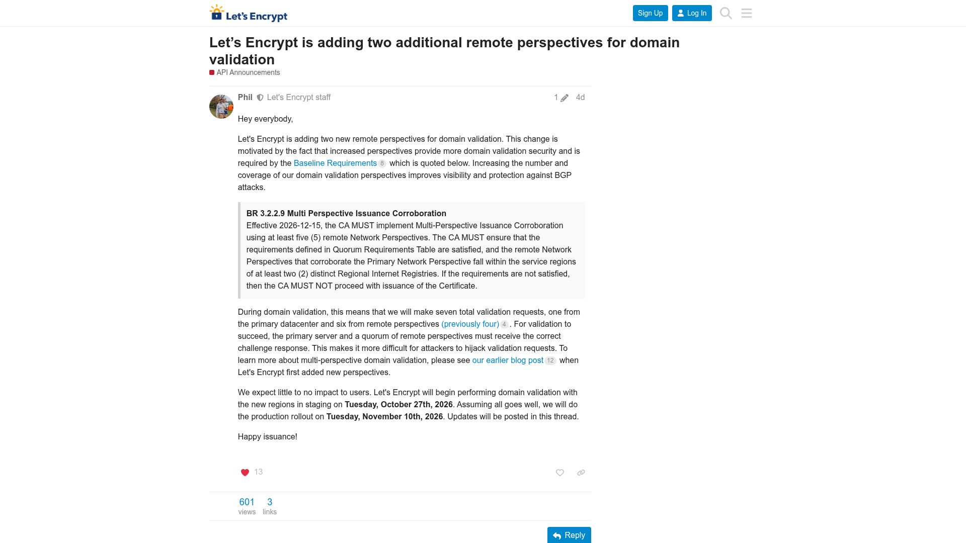 Screenshot of community.letsencrypt.org: Let's Encrypt is adding two additional remote perspectives for domain validation