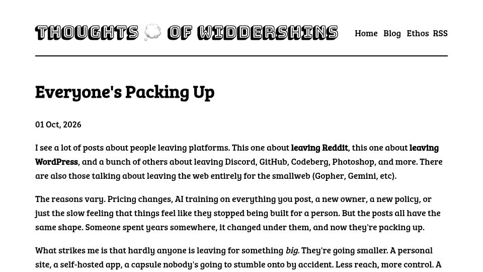 Screenshot of widdershins.verja.net: Everyone's Packing Up