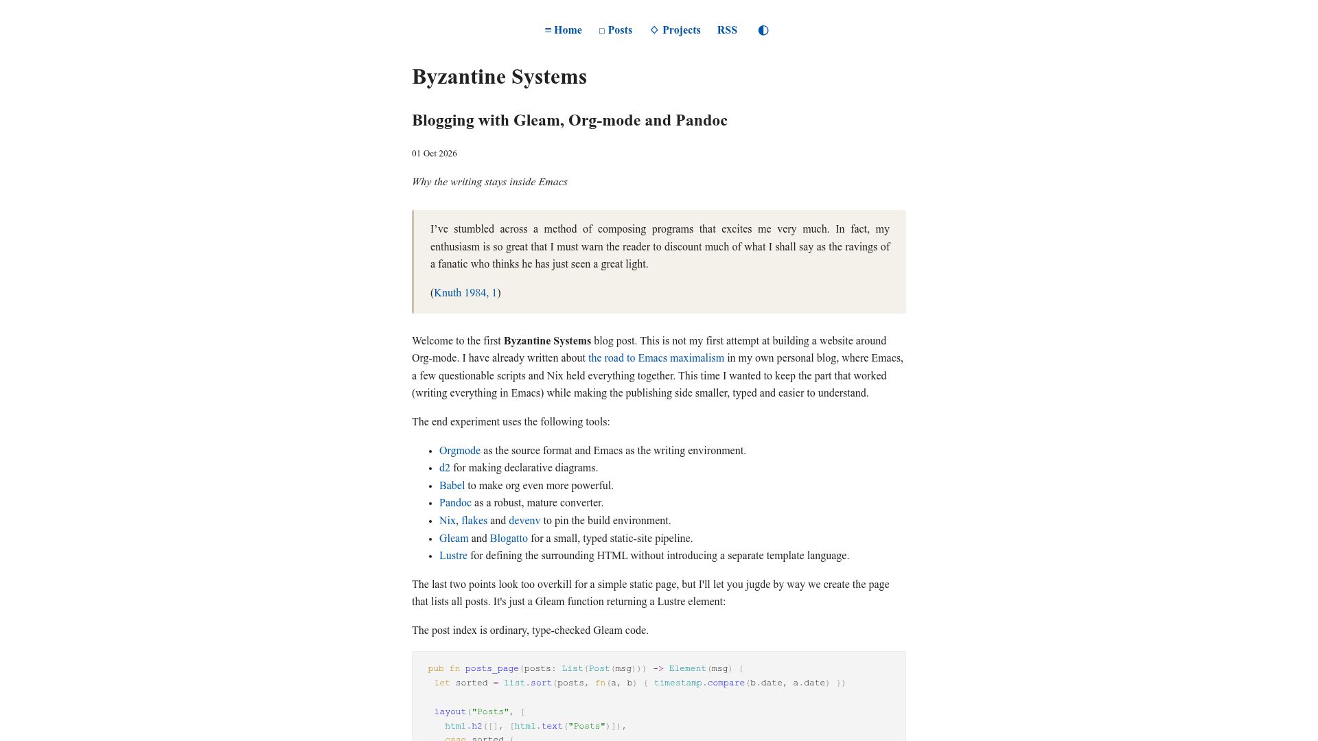 Screenshot of byzantine-systems.github.io: Blogging with Gleam, Org-Mode and Pandoc