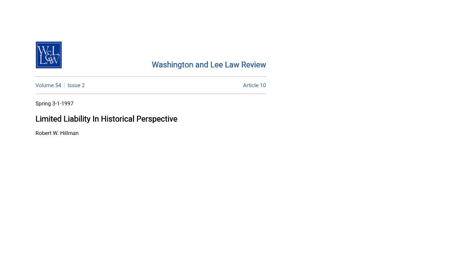 Screenshot of scholarlycommons.law.wlu.edu: Limited Liability In Historical Perspective (1997) [pdf]
