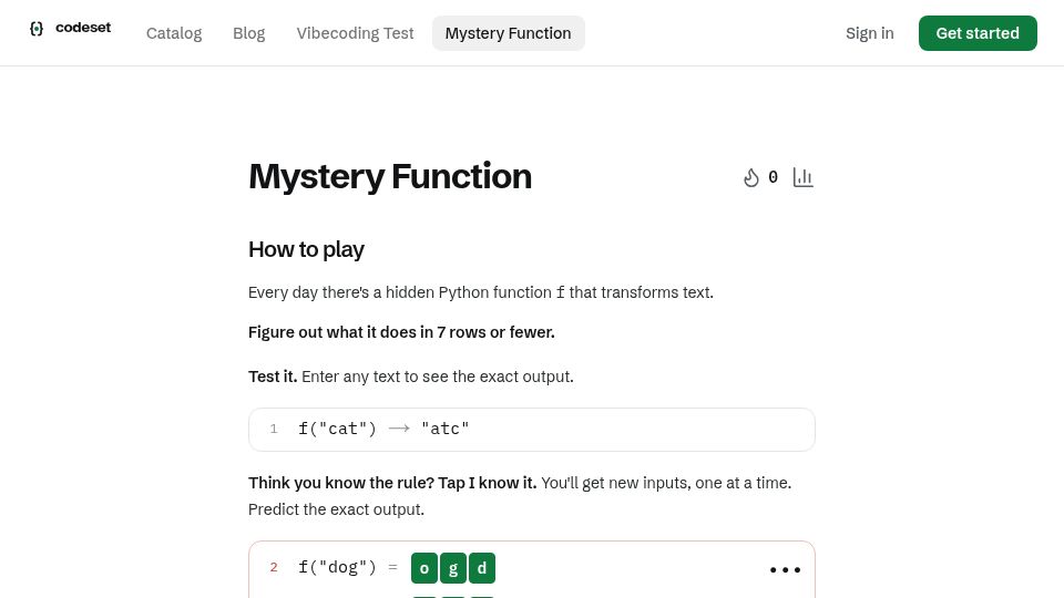 Screenshot of codeset.ai: Mystery Function