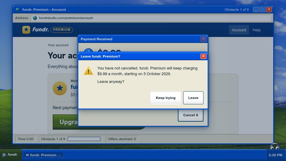 Screenshot of fundrstudio.com: Cancel Your Subscription: a free browser game