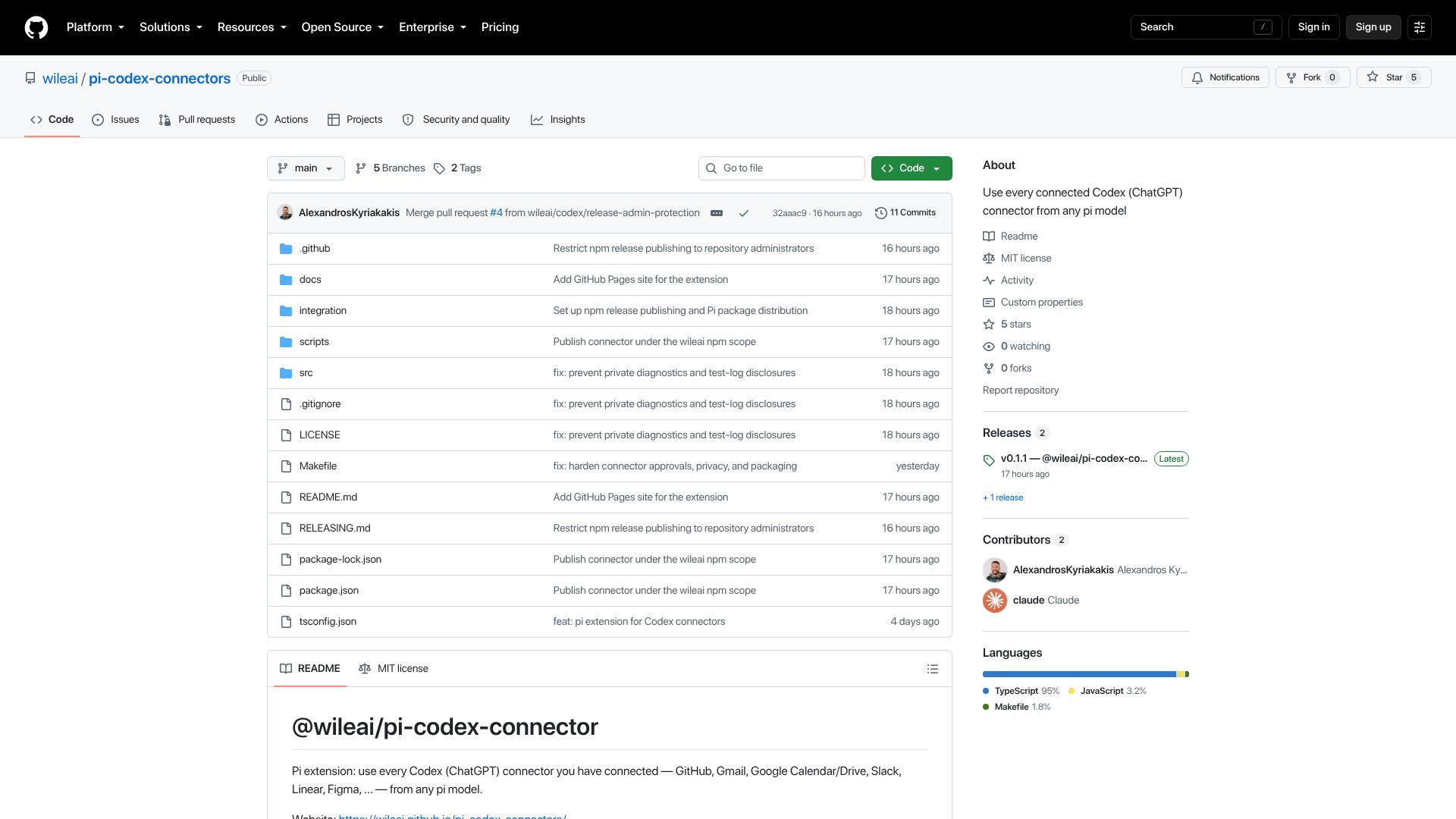 Screenshot of github.com: Show HN: Use all Codex Plugins inside Pi