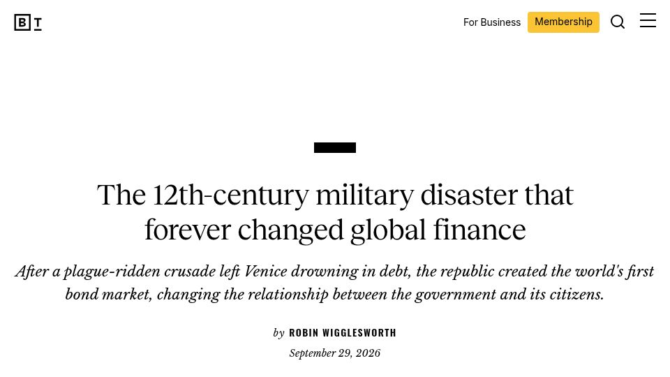 Screenshot of bigthink.com: Venice’s failed war against Constantinople led to the first bond market