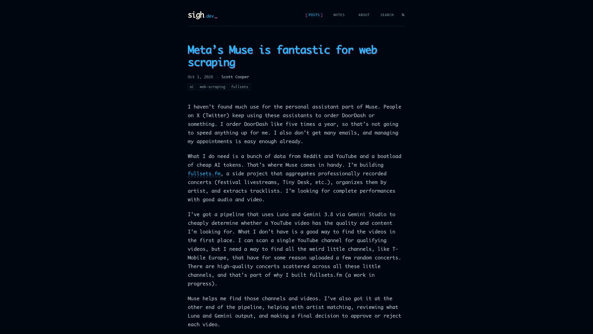 Screenshot of sigh.dev: Meta's Muse is fantastic for web scraping