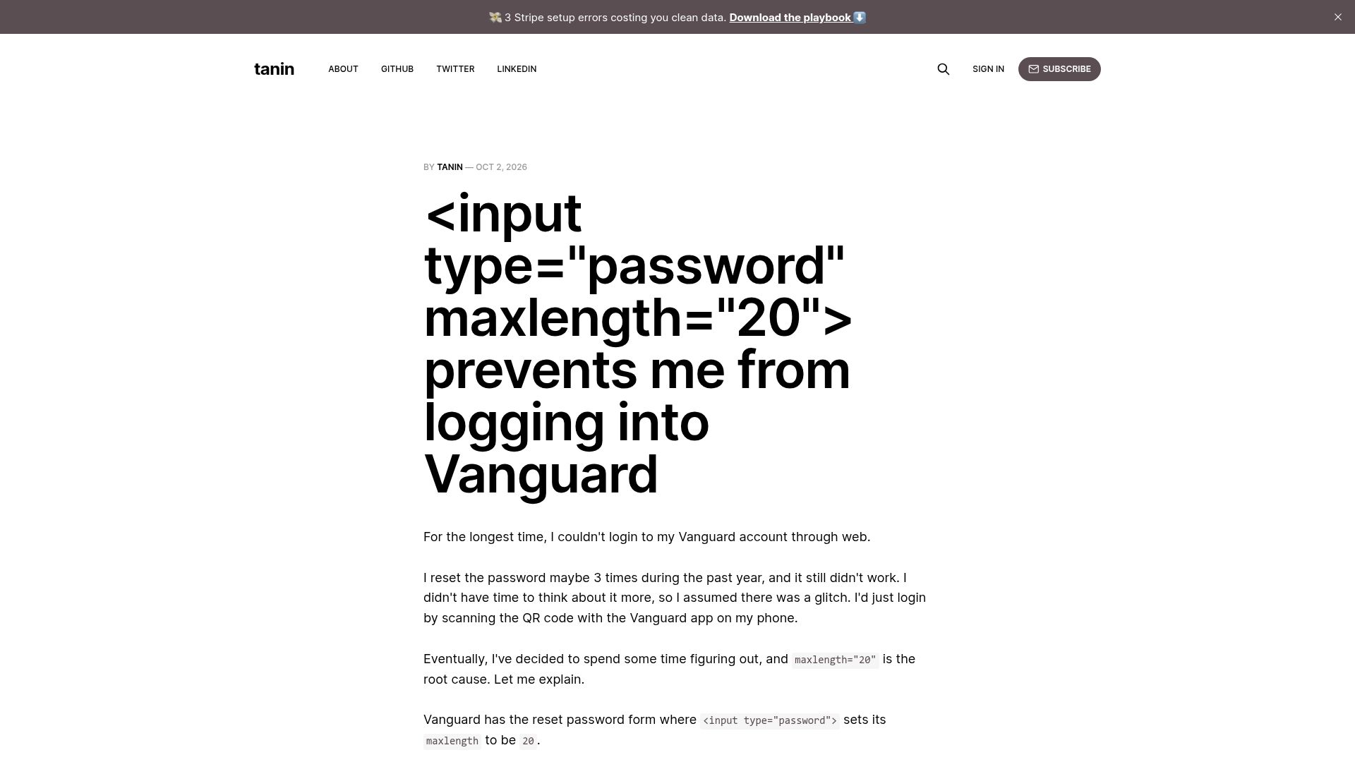 Screenshot of tanin.nanakorn.com: <input type="password" maxlength="20"> prevents me from logging into Vanguard
