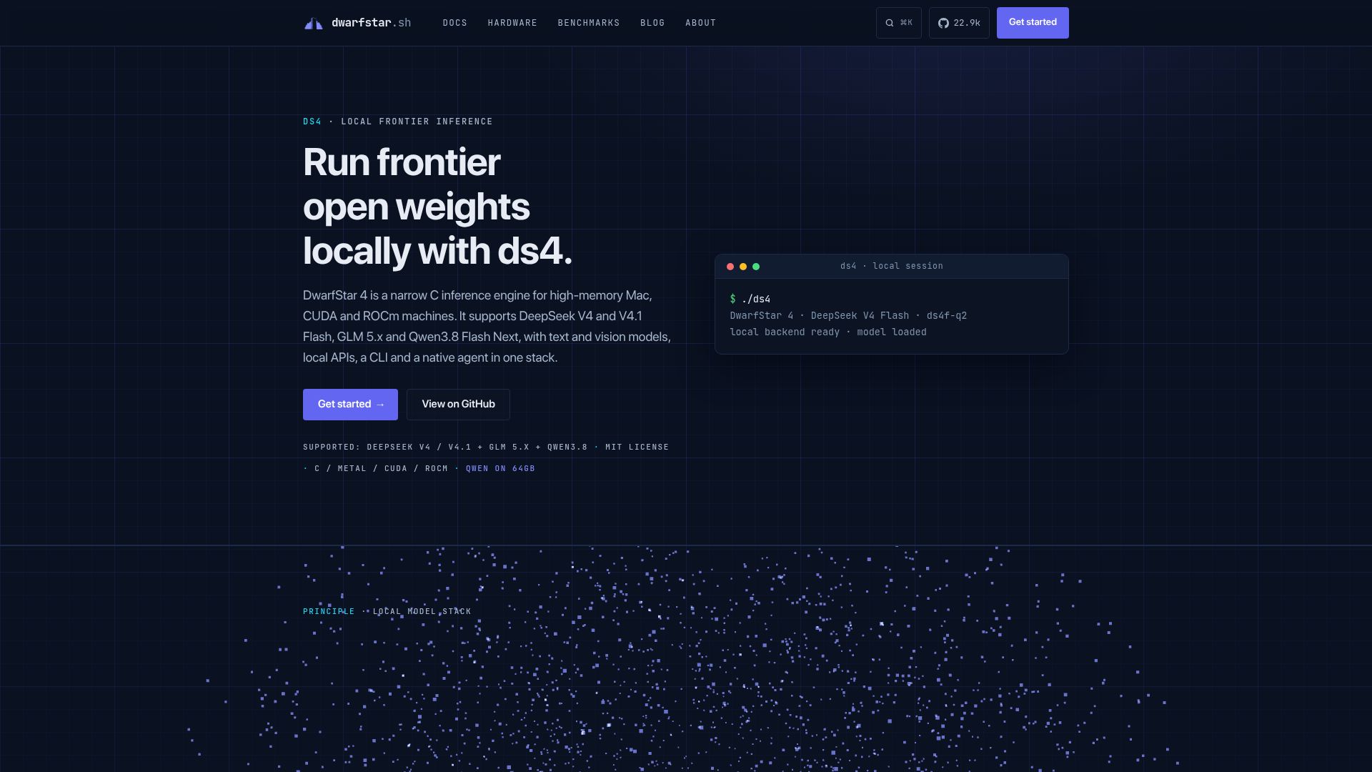 Screenshot of dwarfstar.sh: From the creator of Redis; run LLM locally with ds4