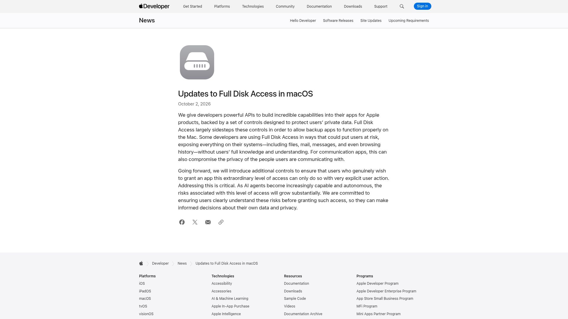Screenshot of developer.apple.com: Updates to Full Disk Access in macOS