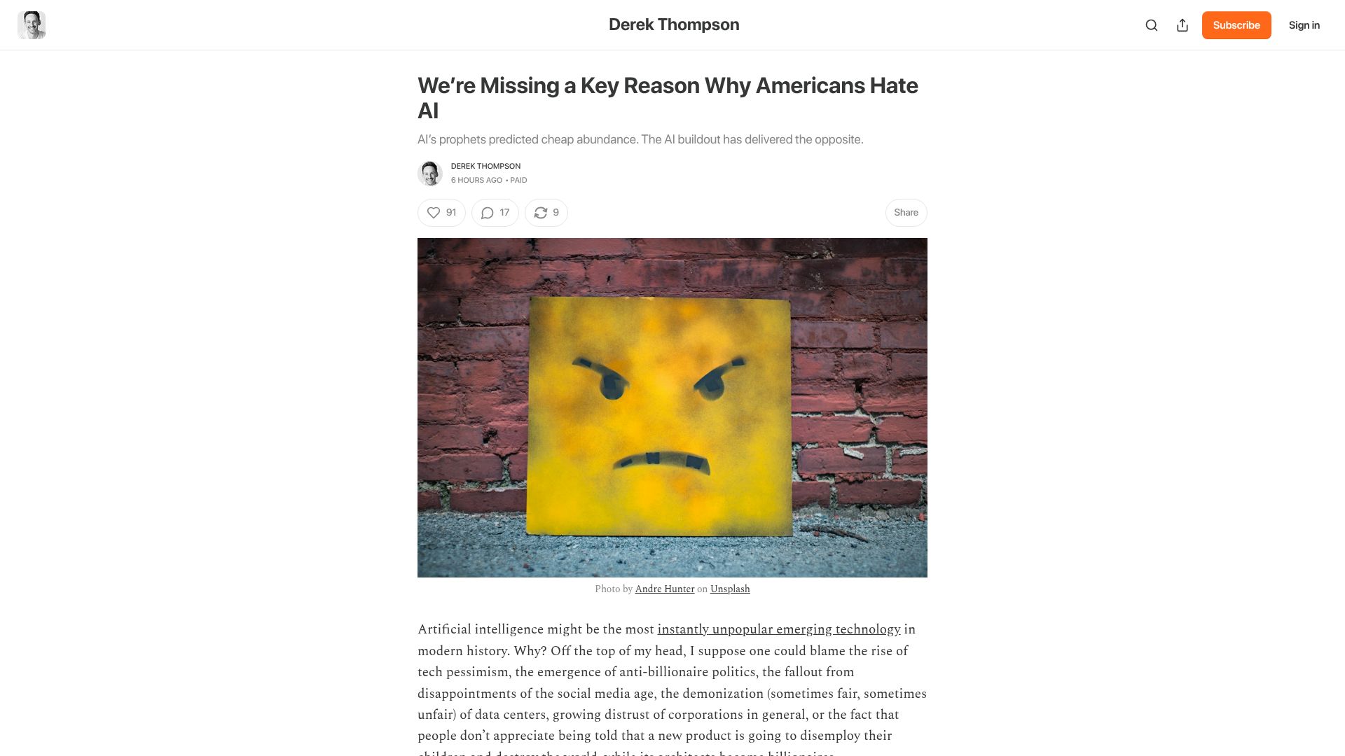 Screenshot of derekthompson.org: We're Missing a Key Reason Why Americans Hate AI