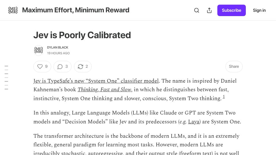Screenshot of maximumeffort.substack.com: How accurately calibrated is Jev?