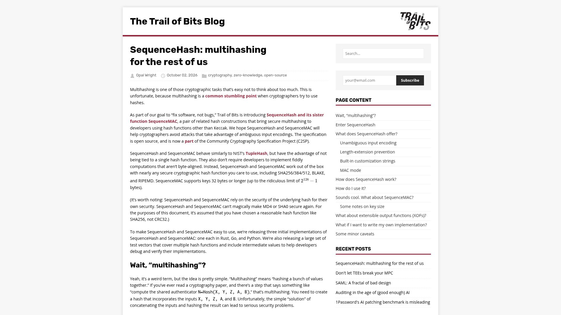 Screenshot of blog.trailofbits.com: SequenceHash: Multihashing for the rest of us