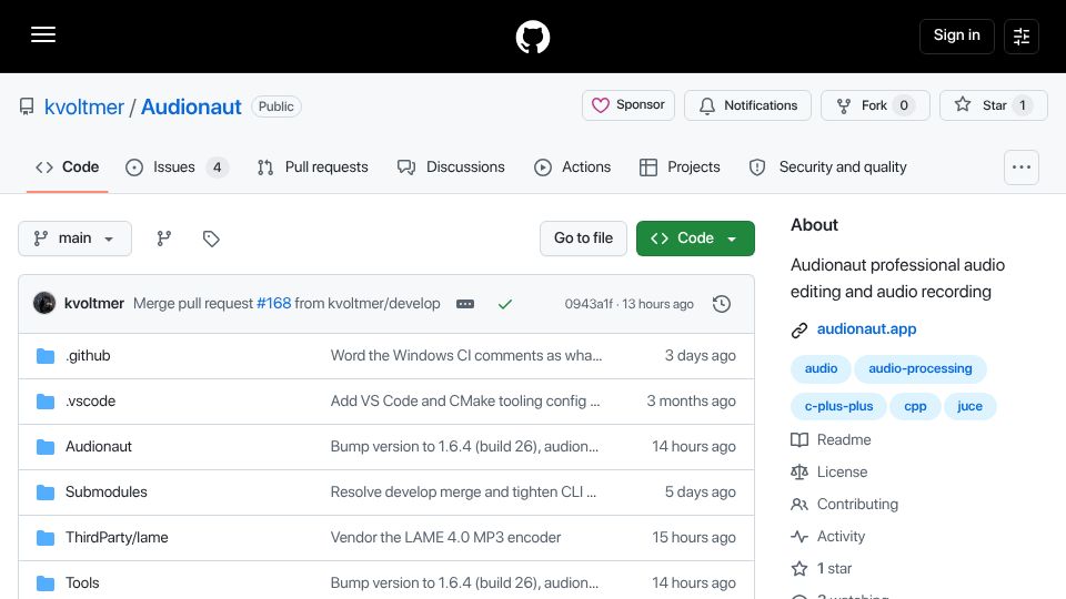 Screenshot of github.com: Show HN: Audionaut – an open-source cross-platform multitrack audio editor