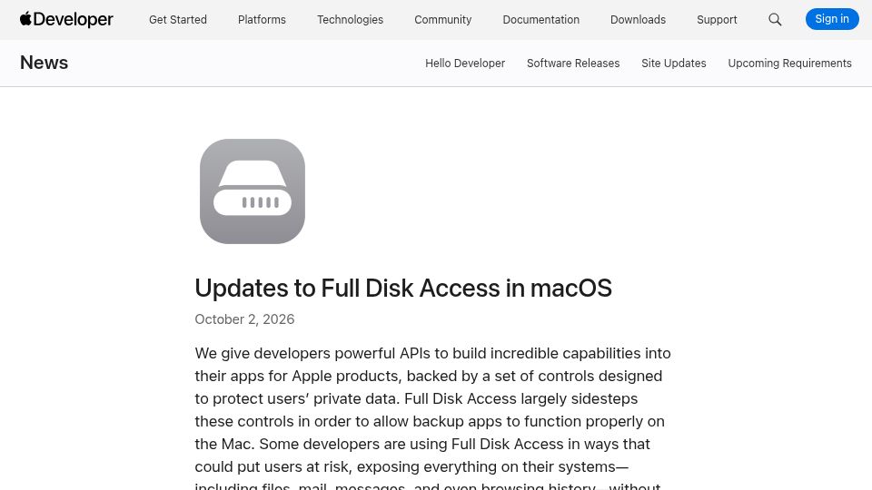Screenshot of developer.apple.com: Updates to Full Disk Access in macOS