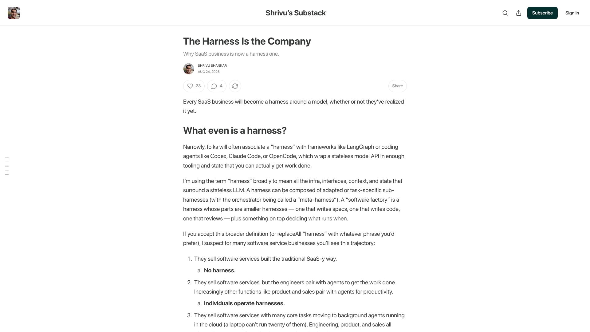 Screenshot of blog.sshh.io: Every SaaS business will become a harness around a model