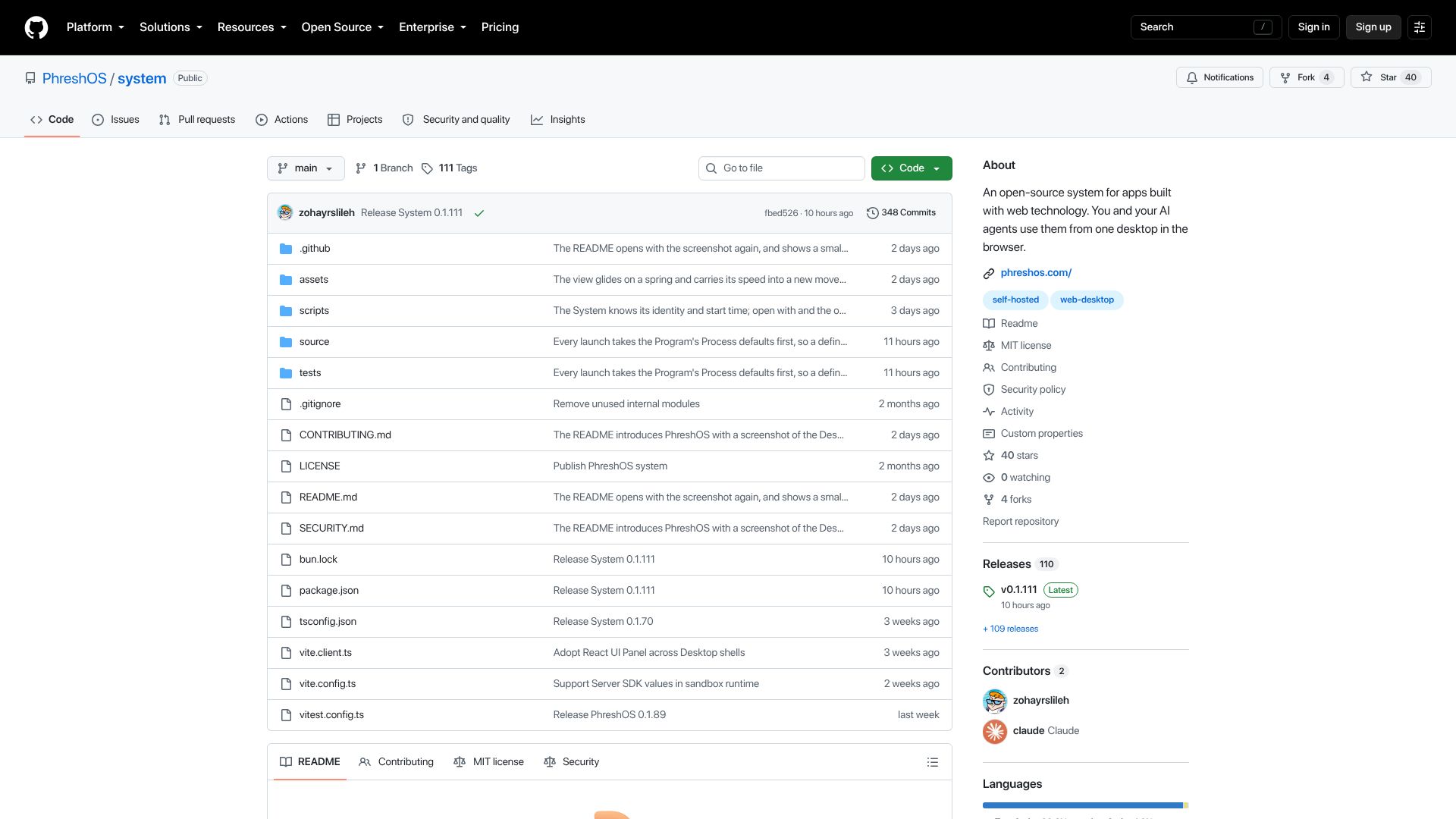 Screenshot of github.com: Show HN: PhreshOS – OS for Web Apps