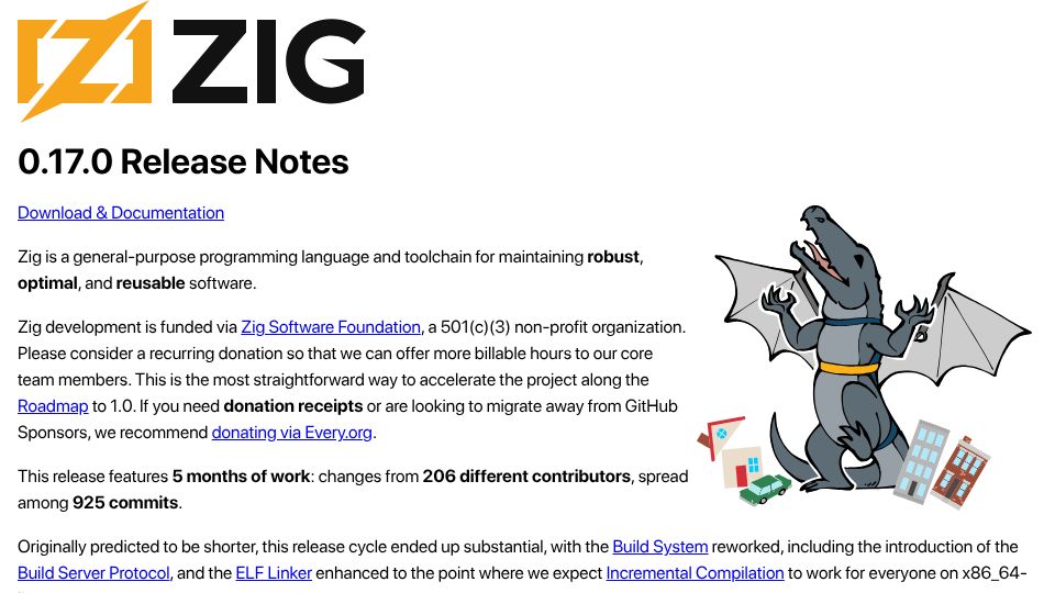 Screenshot of ziglang.org: Zig v0.17.0