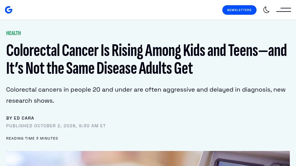 Screenshot of gizmodo.com: Colorectal Cancer Is Rising Among the Young, Even Kids and Teens