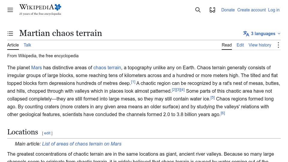 Screenshot of en.wikipedia.org: Martian chaos terrain