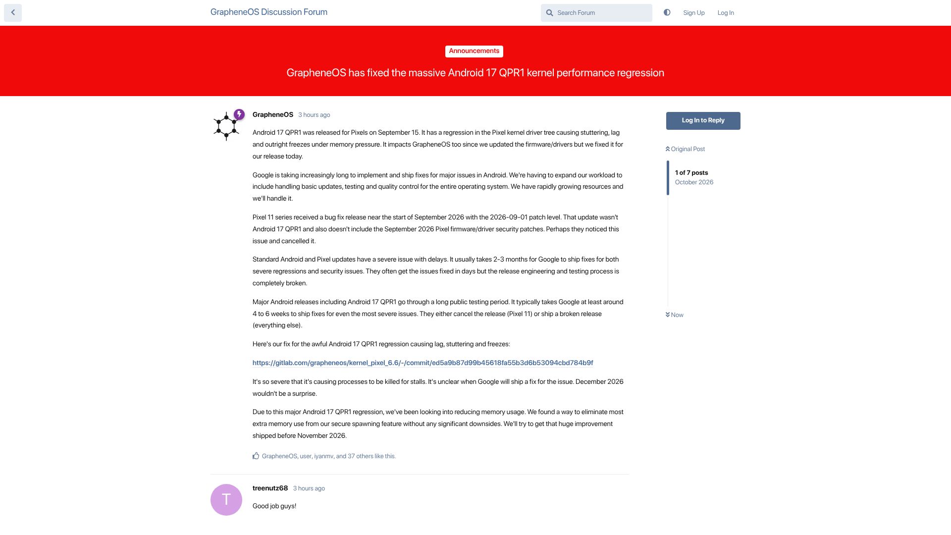 Screenshot of discuss.grapheneos.org: GrapheneOS has fixed the Android 17 QPR1 kernel performance regression