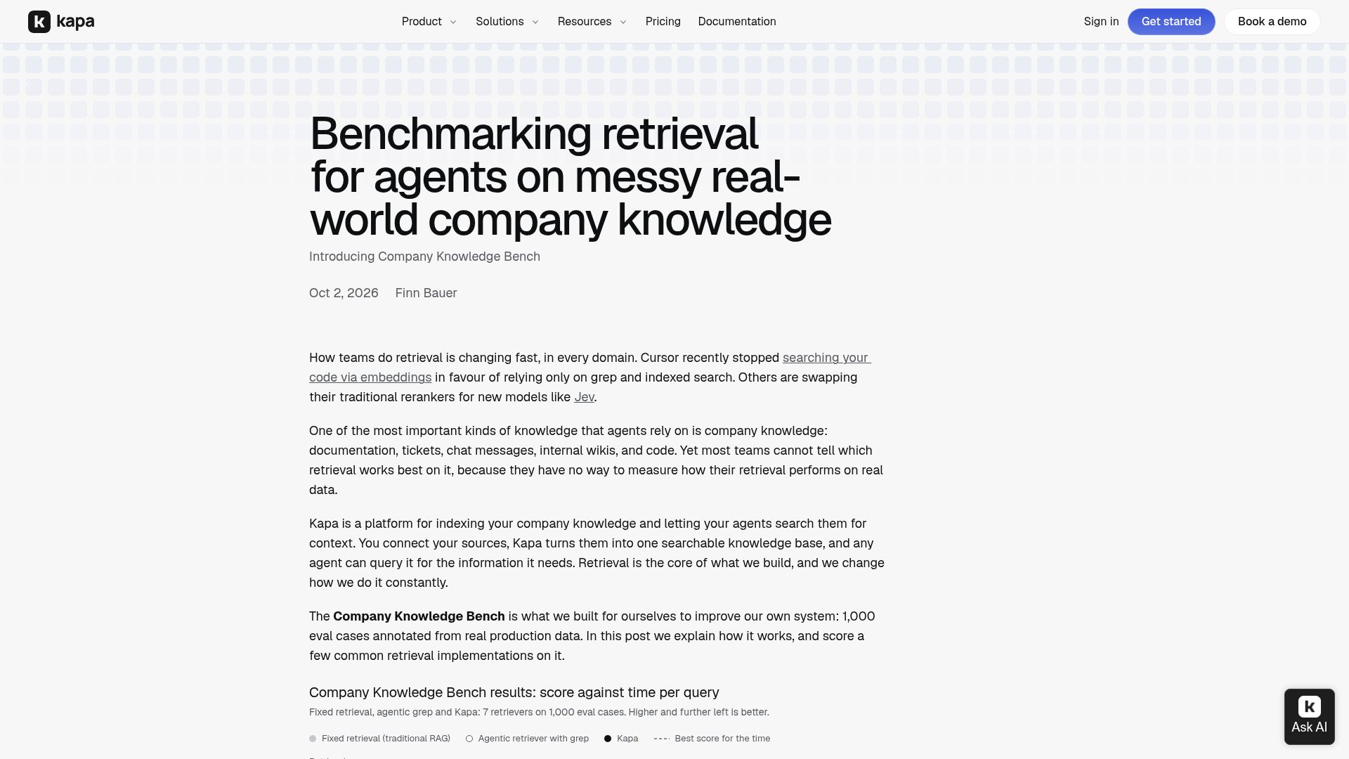 Screenshot of kapa.ai: Benchmarking retrieval for agents on messy real-world company knowledge