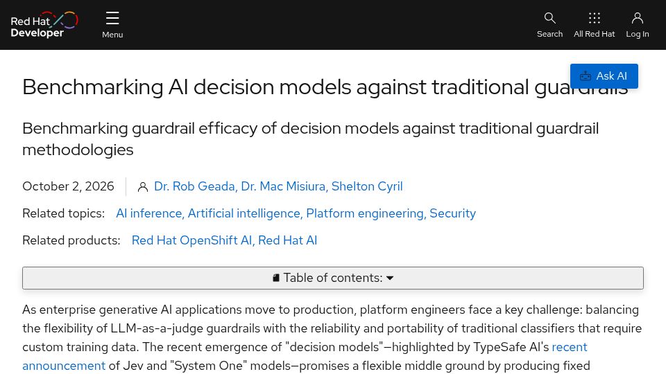Screenshot of developers.redhat.com: Decision models like Jev don't beat LLM-as-a-judge or traditional classifiers