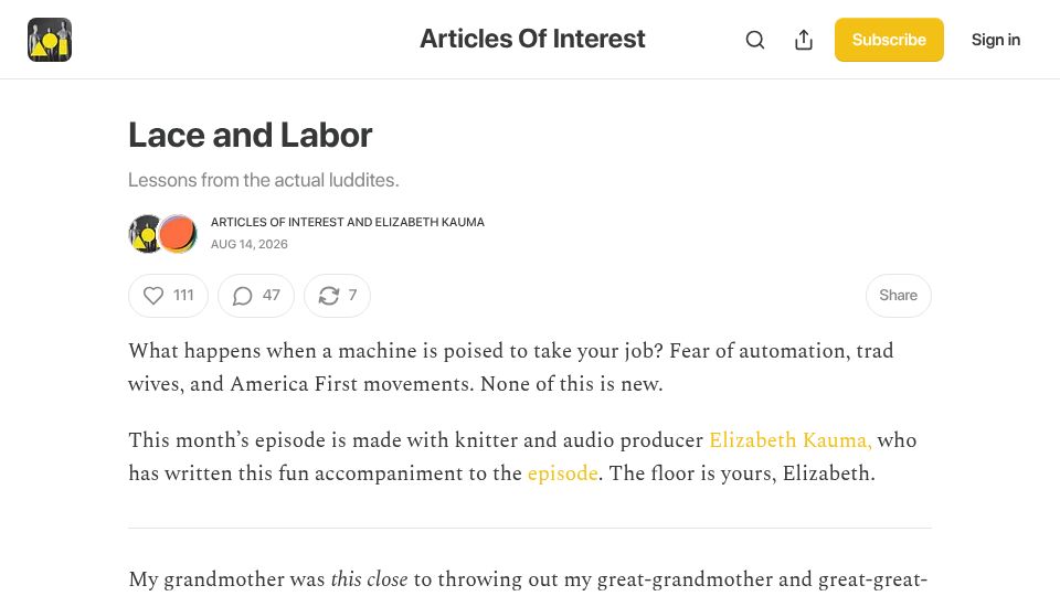 Screenshot of articlesofinterest.substack.com: Lace and Labor: Lessons from the actual Luddites
