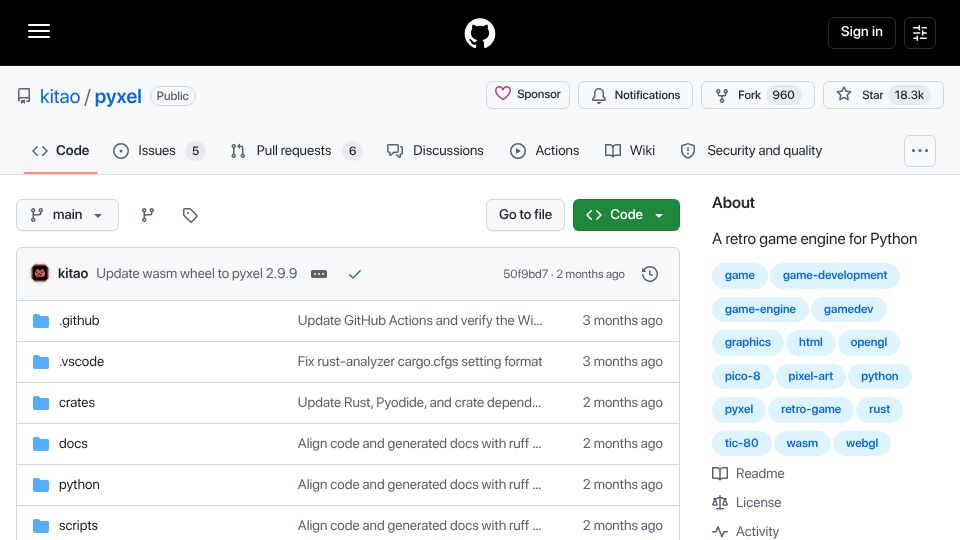 Screenshot of github.com: Show HN: Pyxel – A Python retro game engine with built-in art and sound editors