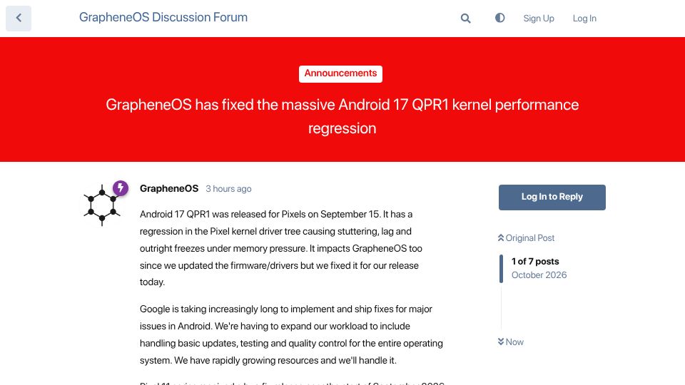 Screenshot of discuss.grapheneos.org: GrapheneOS has fixed the Android 17 QPR1 kernel performance regression